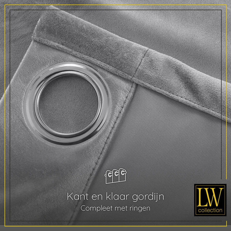 LW Collection Gordijnen Grijs 245x290cm Velvet Kant En Klaar 1 Stuk - Afbeelding 2