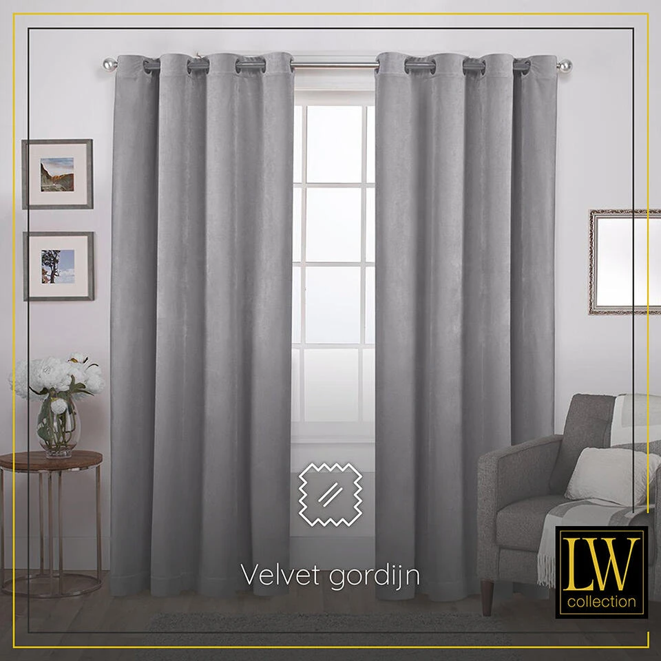 LW Collection Gordijnen Grijs 225x140cm Velvet Kant En Klaar 1 Stuk - Afbeelding 2