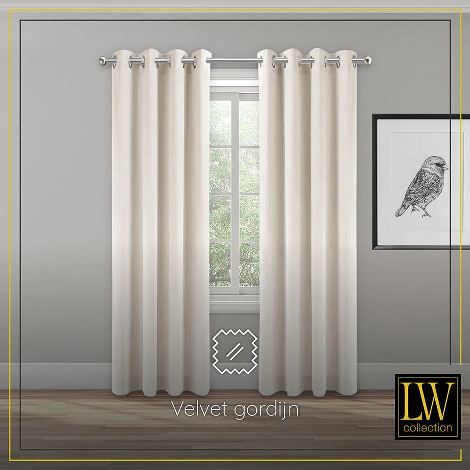 LW Collection Gordijnen Gebroken Wit 270x140cm Velvet Kant En Klaar 1 Stuk - Afbeelding 2