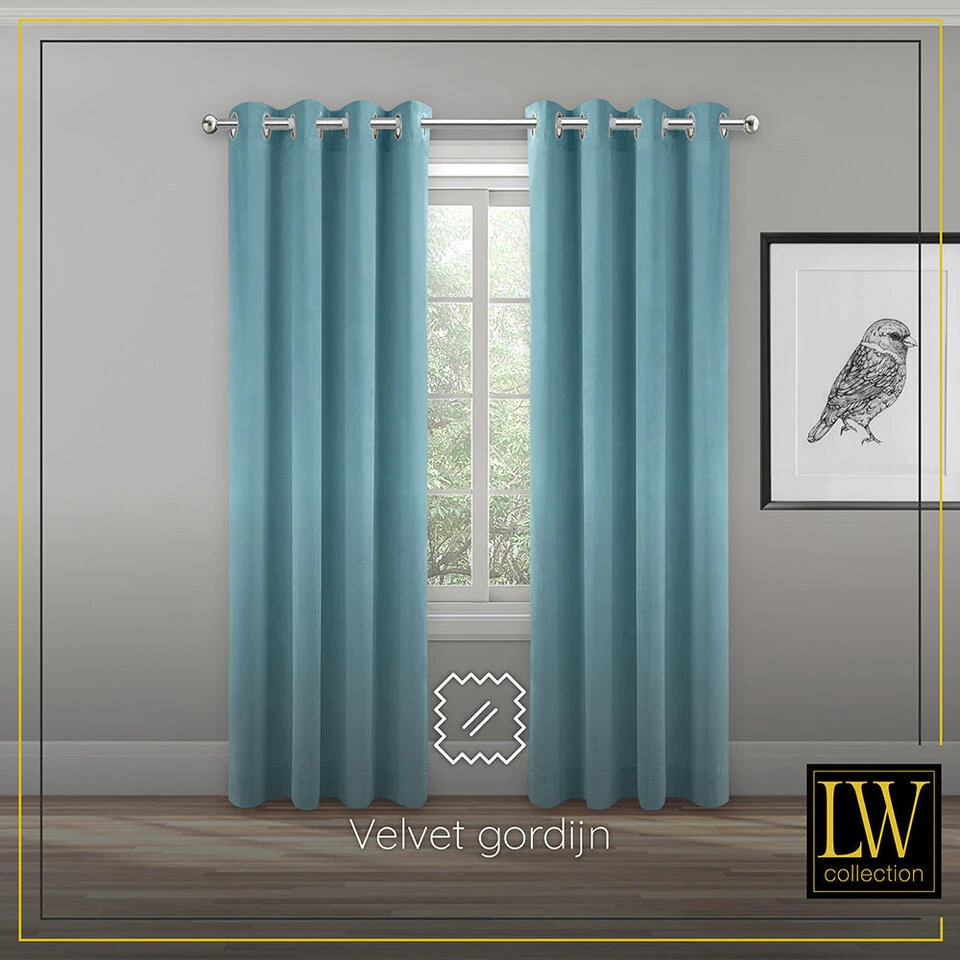 LW Collection Gordijnen Turquoise 270x290cm Velvet Kant En Klaar 1 Stuk - Afbeelding 2