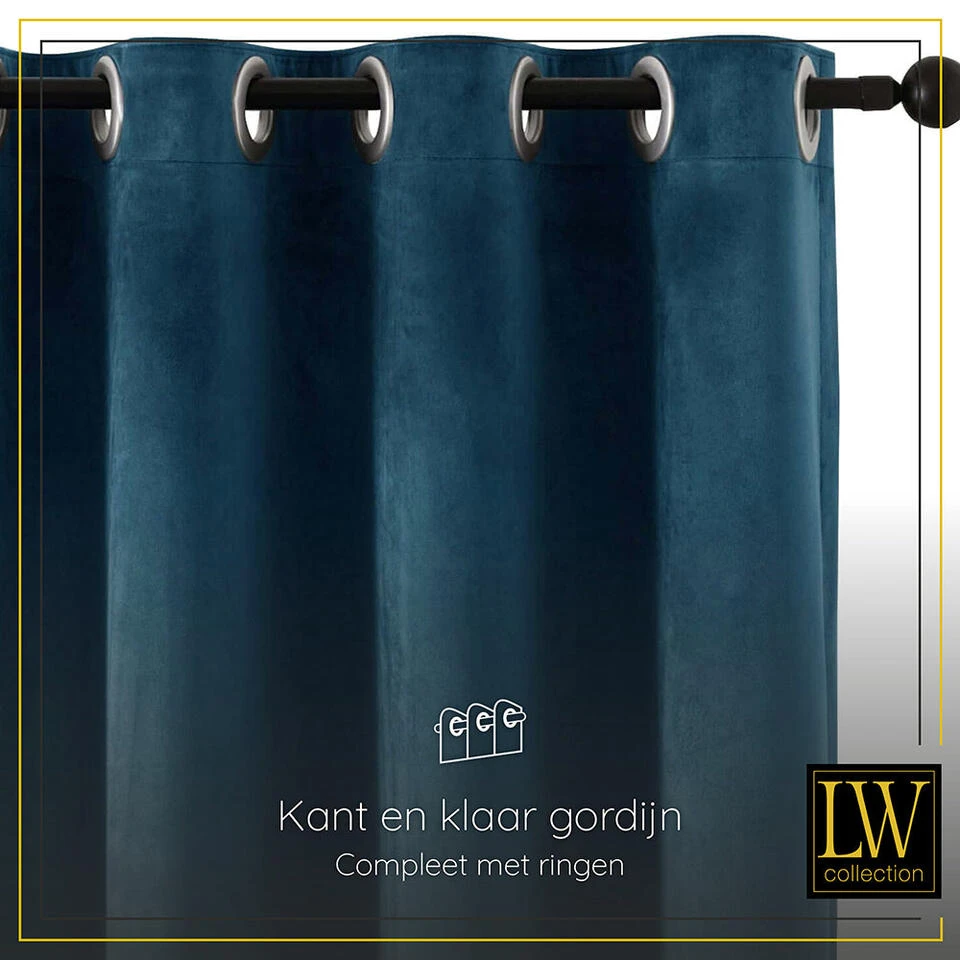 LW Collection Gordijnen Donkerblauw 175x140cm Velvet Kant En Klaar 1 Stuk - Afbeelding 3