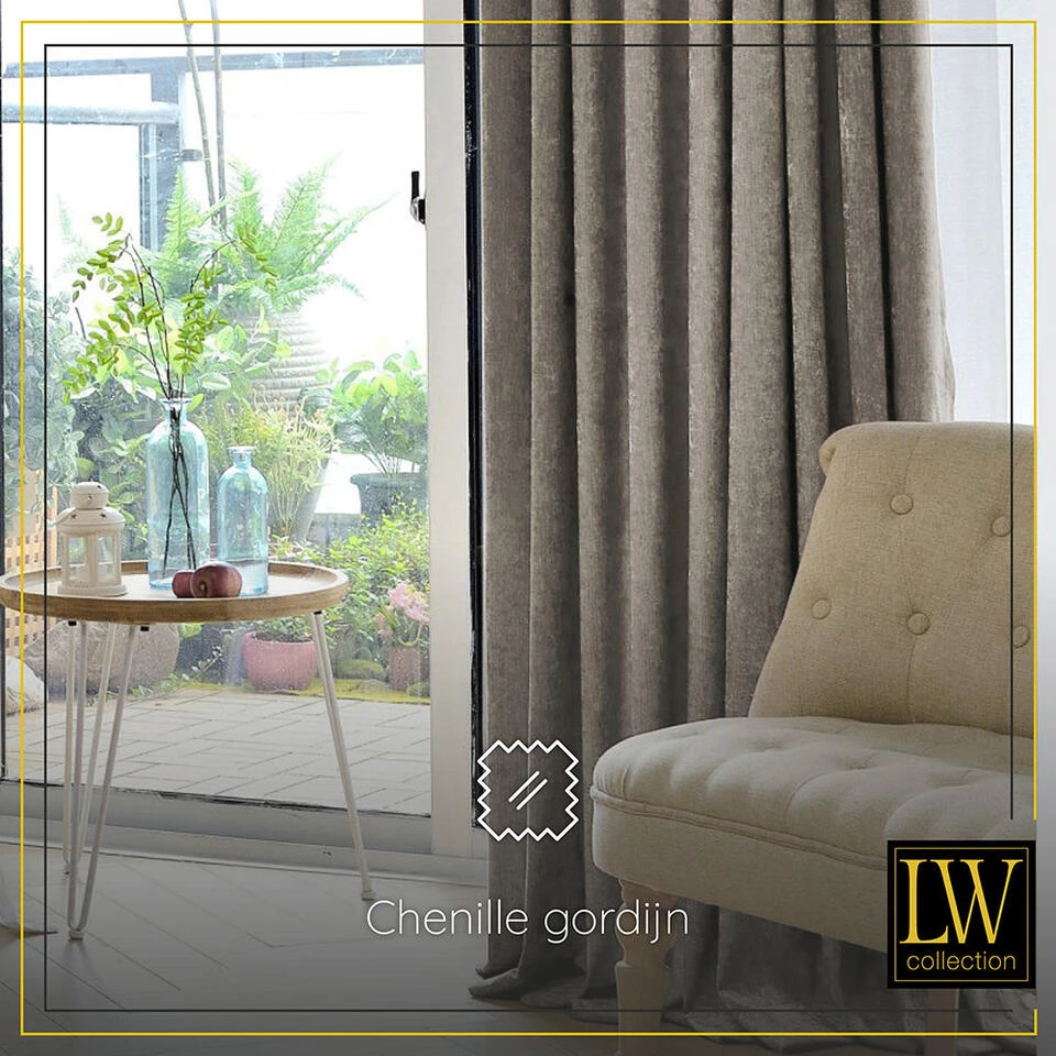 LW Collection Gordijnen Taupe 175x140cm Chenille Kant En Klaar 1 Stuk - Afbeelding 2